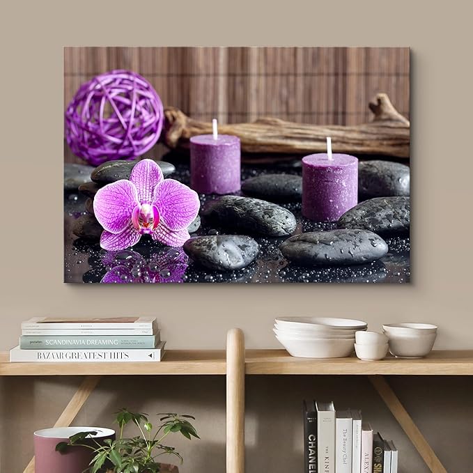 wall26 Canvas Print Wall Art Zen Stones with Purple Orchid and Calming Candles Nature Floral Photography Realism Rustic Colorful Multicolor Ultra for Living Room, Bedroom, Office - 12"x18"
