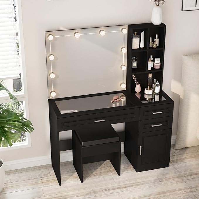 Fameill Makeup Vanity Desk with Lights,Glass Top Vanity Table with Lighted Mirror,Large Makeup Desk with 3 Drawers and Cabinets,3 Color Lighting Modes with Adjustable Brightness,Black
