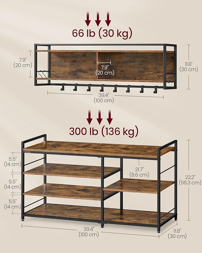 VASAGLE Hall Tree with Shoe Bench, Coat Rack Shoe Bench Set, Entryway Furniture, Multifunctional, 12 Metal Hooks, 4-Tier Shoe Rack, for Entryway, Bedroom, Rustic Brown ULSB108K01