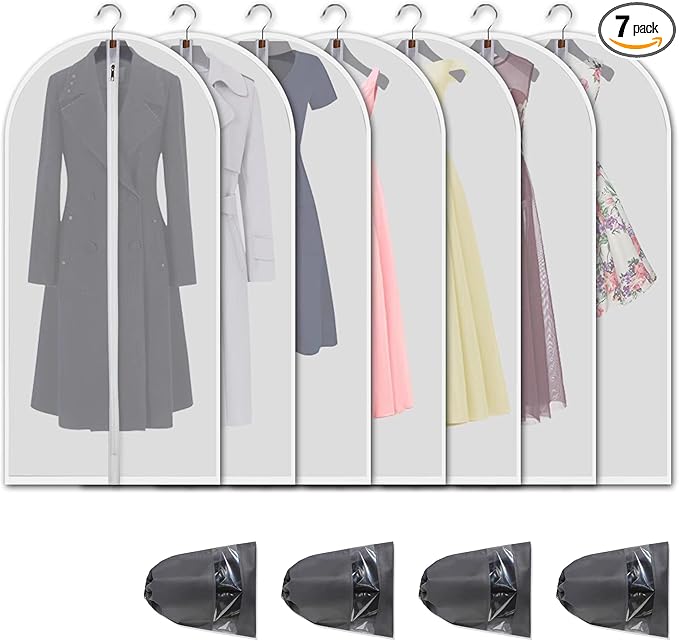 Hanging Garment Bags 7 Piece Set - 60 Inch Translucent Dust Proof Clothes Bag White Breathable Full Zipper Dust Cover for Suit Dance Costumes Gown Dress | 4 Portable Travel Shoe Bags