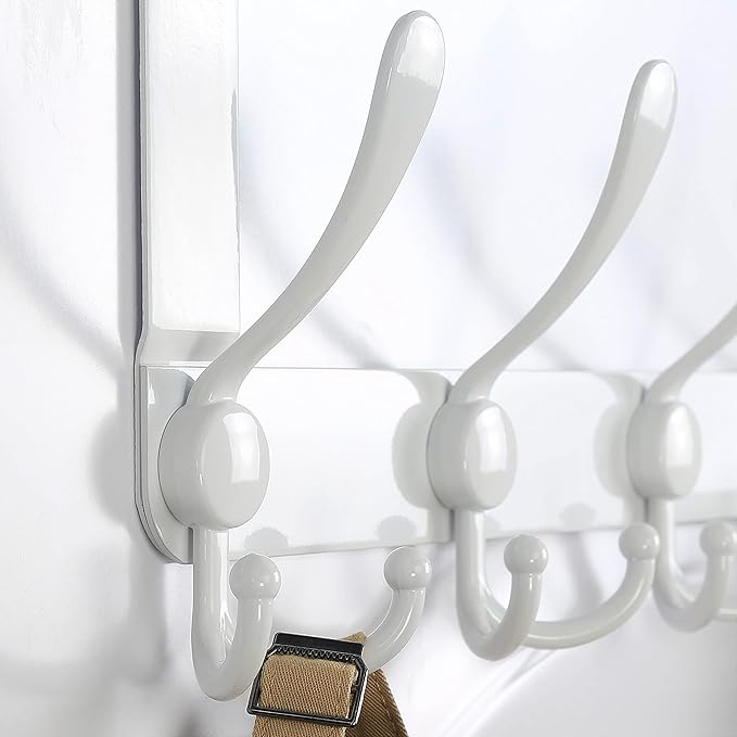 Dseap Over The Door Hook Hanger - Fits 1 3/8" to 1 3/4" Standard Doors | 5 Tri Hooks Heavy Duty Towel/Coat Rack | Door Organizer for Clothes, Jackets, Hats, Towels, White, Pack of 2