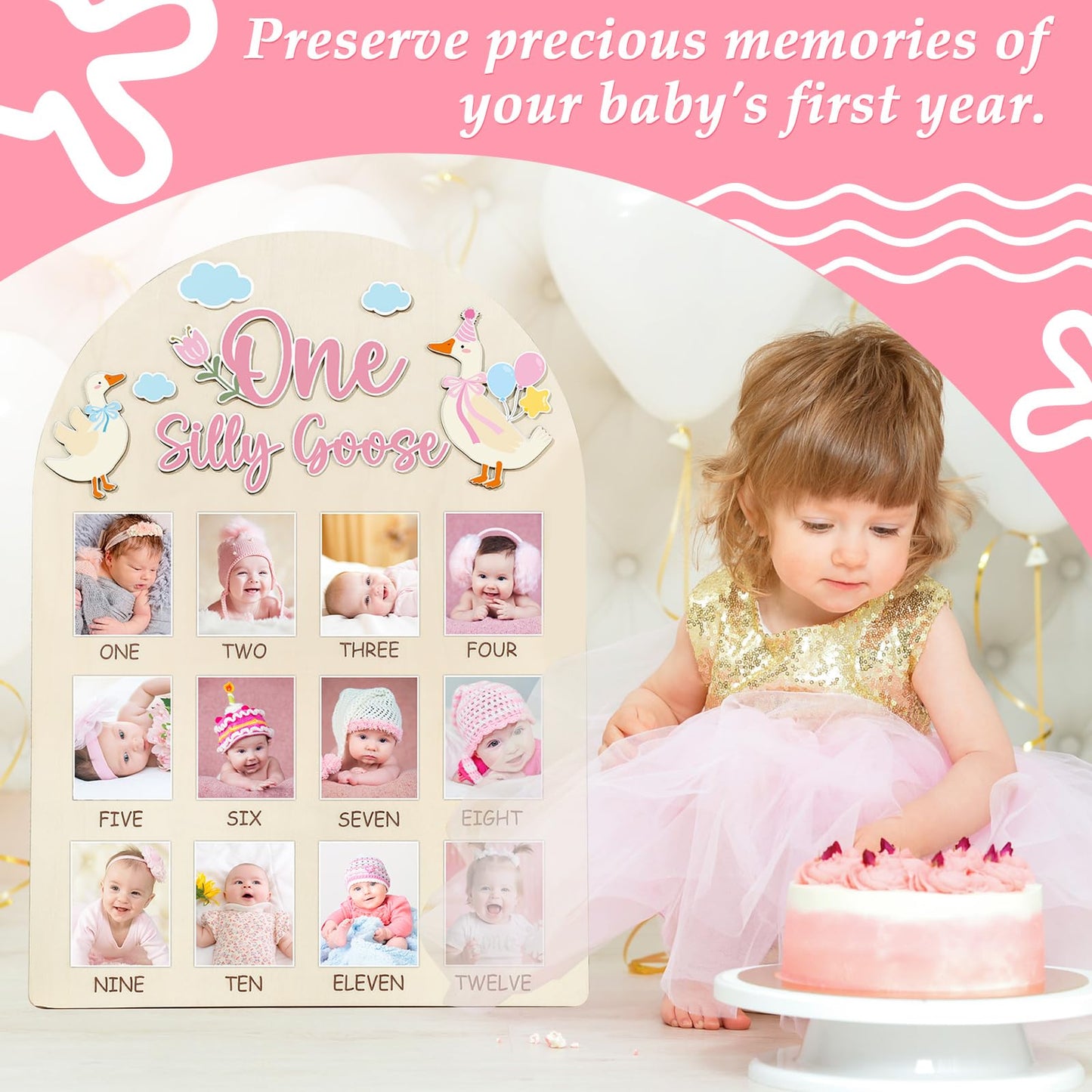 One Silly Goose Photo Board Goose Themed Birthday Party Wooden Board Decorations 12 Monthly Milestone Picture Frame One Year Old Wood Sign 1st Birthday Photo Banner for Baby Girls Keepsake Gift Supply