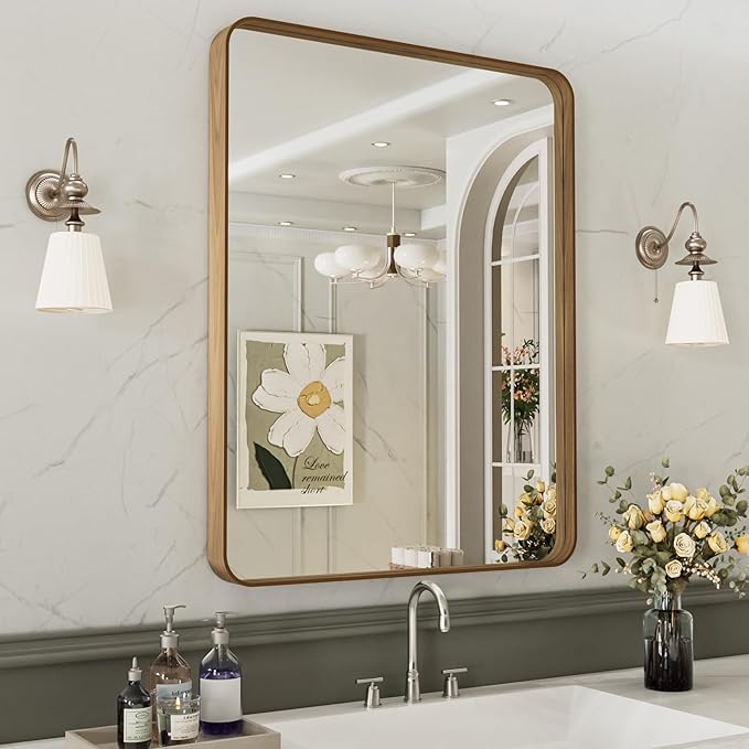 LOAAO 20X30 Inch Bathroom Mirror with Wood Grain Colored Metal Frame, Rounded Rectangle Metal Framed Bathroom Mirror, Anti-Rust, Hangs Horizontally or Vertically