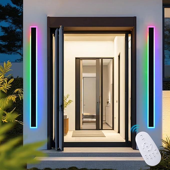 2 Pack Outdoor LED Wall Lights for House,RGB Long Outdoor Wall Lights,60 inch Long Linear Light Fixture,Dimmable Outside Wall Light for Porch,Enterway,Garage with Control Remote