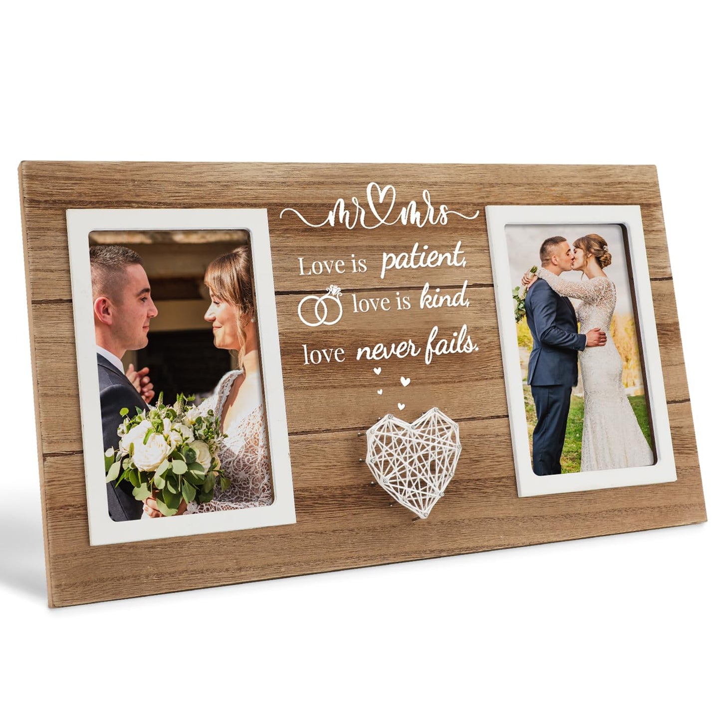 SOUHONEY Wedding Gifts, Bridal Shower Gifts for Bride to Be, Wedding Picture Frame for Couple - Double 4x6 Pictures Frame - Wooden Couples Newlyweds Picture Frame with Heart (Mr Mrs)