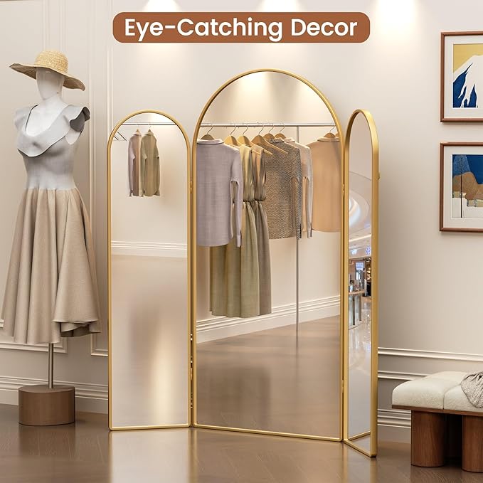 3 Way Arched Full Length Mirror Free Standing, 71"x 67" Large Modern Trifold Mirror, 3-in-1 Detachable Panel Tempered Glass & Metal Frame, for Dressing Room, Bridal Shop,Clothing Store (Gold)