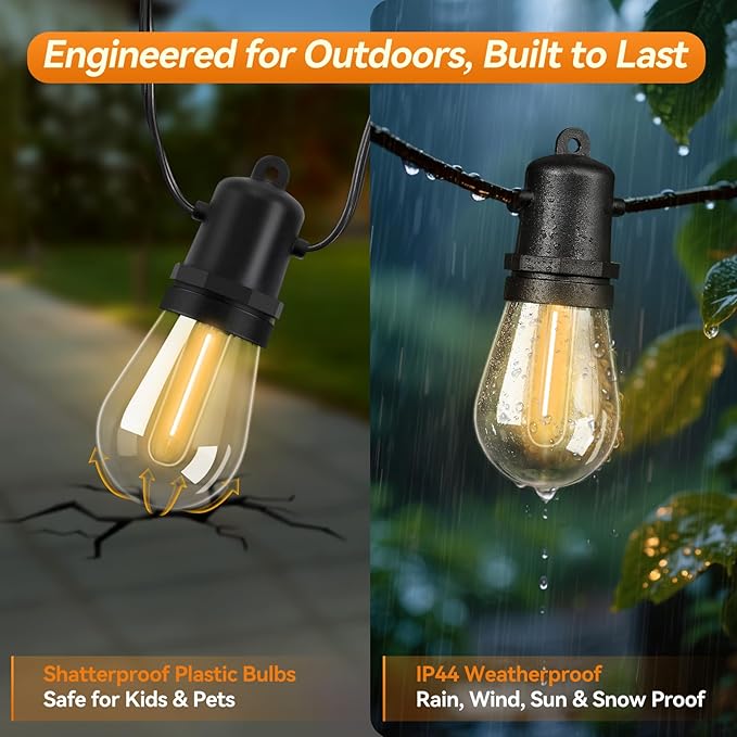 60FT Total LED Outdoor String Lights 2-Pack Dimmable Extendable S14 Bulbs IP44 Weatherproof Shatterproof Value Pack for Deck Garden