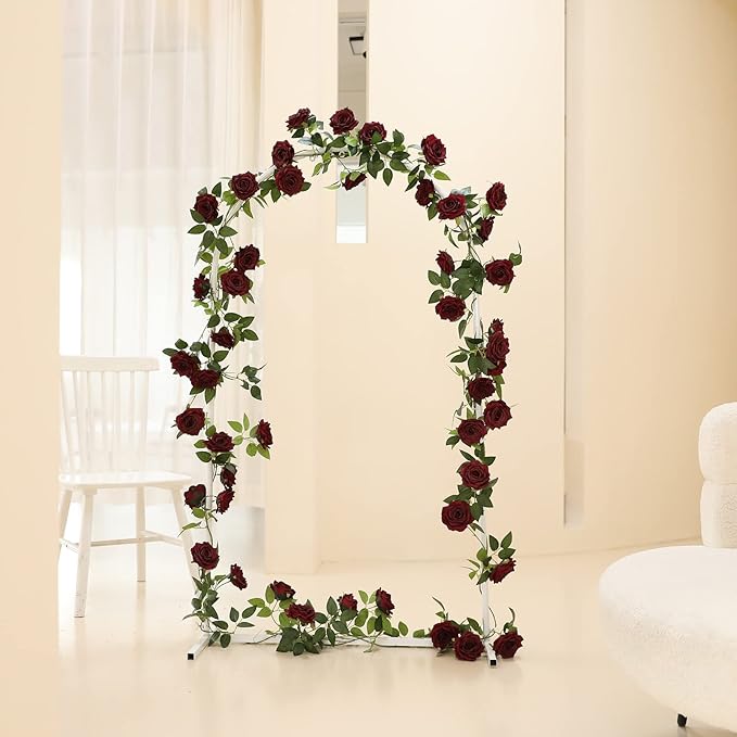 2 Strands 73'' Artificial Silk Rose Flower Vines Garland, Fake Roses Floral Green Leaves Hanging Plant for Wedding Arrangement Decoration, Wall, Party, Bedroom, Home Decor (Burgundy)