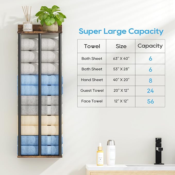Towel Racks for Bathroom Wall Mounted with Wooden Storage Shelf, Updated 3 Bar Metal Towel Holder for Rolled Towels, Sturdy and Large Capacity, Towel Storage Organizer-Rustic
