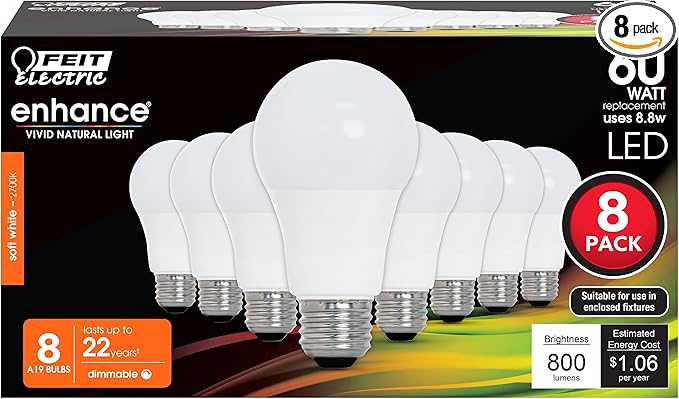 Feit Electric A19 LED Light Bulbs, 60W Equivalent, Dimmable, E26 Standard Base, 90 CRI, 800 Lumens, 2700K Soft White, 120V, 22 Years Lifetime, Damp Rated, 8 Pack, OM60DM/927CA/8