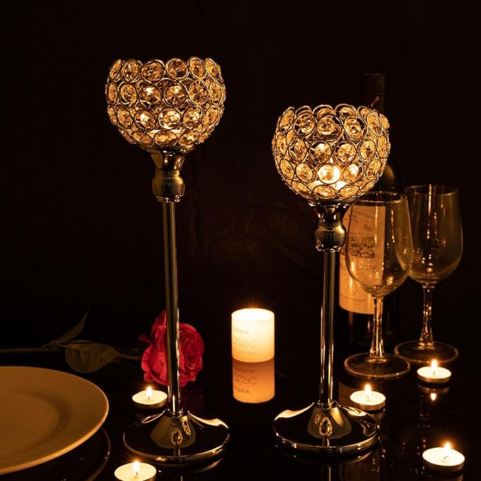 VINCIGANT Gold Crystal Candle Holders Set of 2,Pillar Candlesticks for Table Centerpieces, Christmas Home Decor Wedding Party Housewarming Gift
