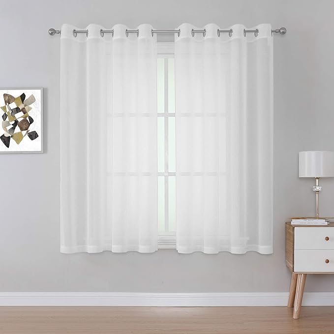 KEQIAOSUOCAI Pure White Sheer Curtains for Windows 63 inch Length - Grommet Voile Textured Soft & Lightweight Window Dressing for Bedroom Decor,W54 x L63, 2 Pieces