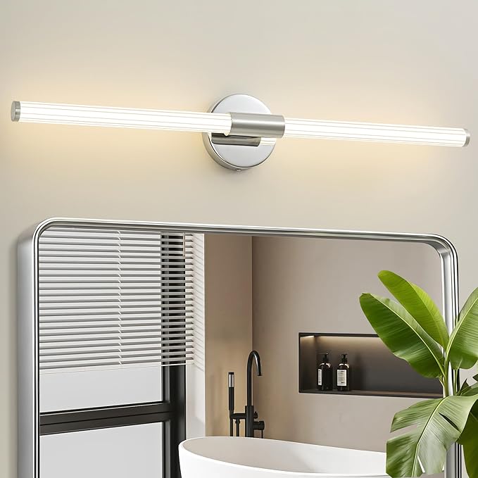 Dimmable LED Bathroom Vanity Lights 360° Full Lighting Bathroom Light Fixtures Over Mirror Vanity Light Bar Modern Wall Sconce 4000K for Bedroom Living Room Hardwired Chrome, 30 inch