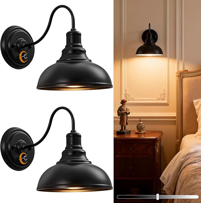 Lightess Dimmable Wall Sconces with Switch, Industrial Gooseneck Wall Light with Dimmer, Black Wall Mounted Bedside Lamps Set of Two