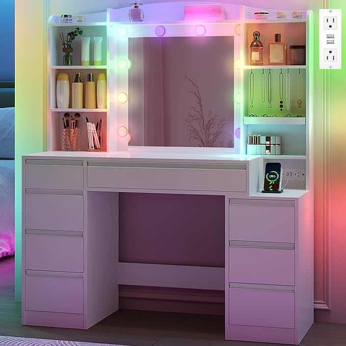 Vanity Desk with Mirror, Makeup Vanity with RGB Led Lights,Dressing Table with Power Strip,8 Drawers & 8 Storage Shelves, 47.2inch Desktop, Modern, White