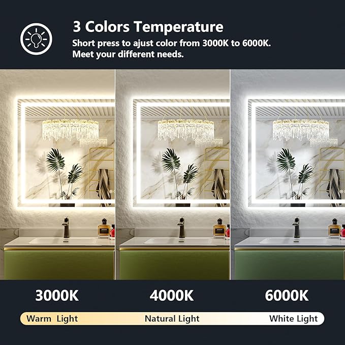 66x36 Inch LED Bathroom Mirror with Lights Front and Backlit Lighted Vanity Mirror for Bathroom Wall with 3 Colors Dimmable Anti-Fog Memory Shatter-Proof IP54 Waterproof Horizontal/Vertical