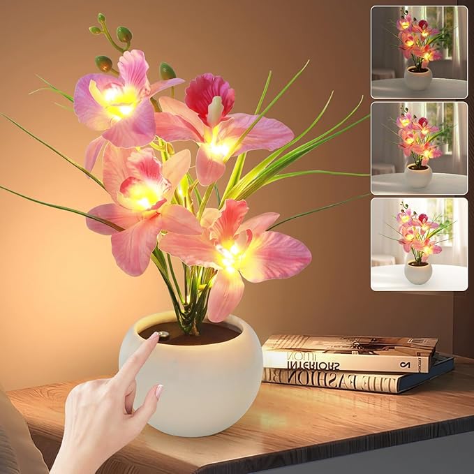 Artificial Flower Night Light, Touch Stepless Dimming USB Rechargeable Pink Orchid Flower with Vase Lamp, LED Desktop Decorative Landscape Lights for Festival Party Home Decor (Pink)