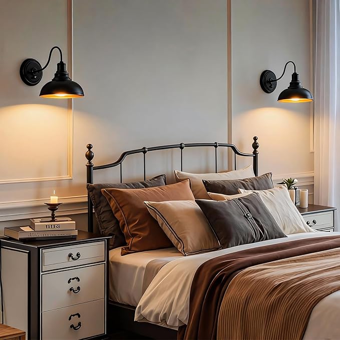 Lightess Dimmable Wall Sconces with Switch, Industrial Gooseneck Wall Light with Dimmer, Black Wall Mounted Bedside Lamps Set of Two