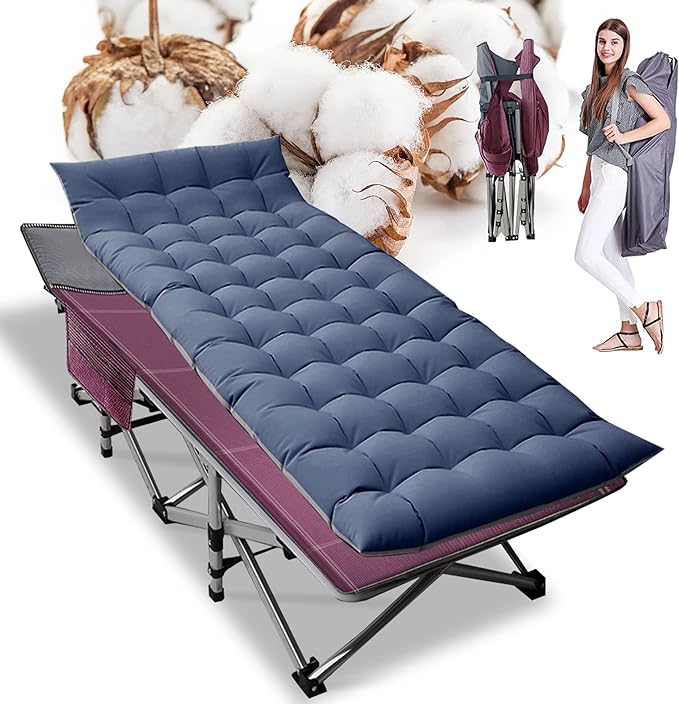 ABORON Folding Camping Cot W/Mat for Adults, Heavy Duty Outdoor Bed with Carry Bag,1200 D Layer Oxford Travel Camp Cots (1, Red Stripe with Blue Pad)