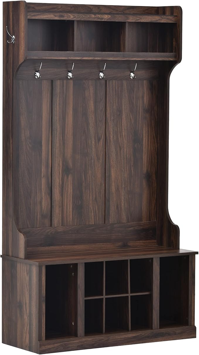 Retro 3-in-1 39.4INCH Hall Tree with 6 Hooks and Coat Hanger,Storage Bench and Open Shelves,for Livingroom Hallway Entryway Mudroom Use (Tiger@Hooks/)