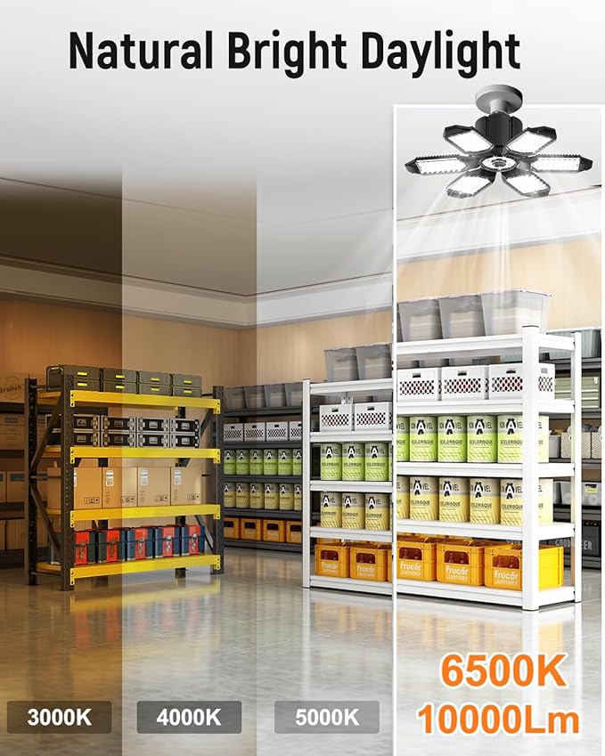 Adiding LED Garage Ceiling Light -10000Lm Deformable Ultra Bright Screw in LED Basement Lights 6500K 6 Adjustable Panels Shop Light fit for E26 E27 Bulb Socket for Workshop Storage Attic Utility Bay