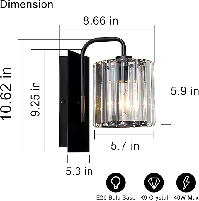 Grneric Crystal Wall Sconces,Black Sconce Wall Light Fixtures Modern Sconces Wall Lighting Single Indoor Wall Sconce for Living Room Bathroom Hallway Stairway Bedroom 10 Inch