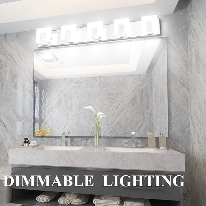 Aipsun Modern 5-Light LED Vanity Light - Dimmable Chrome Bathroom Wall Light Over Mirror (White Light)