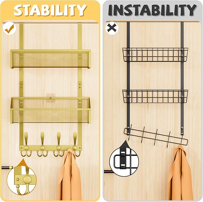 Over The Door Hooks Organizer, Coat Rack Over The Door Storage Hanger Towel Rack, Back of Door Storage Organizer for Bathroom,Bedroom,Kitchen,Office (Gold, 3-Tier)