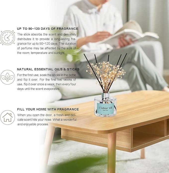 L'odeur Vill Reed Diffuser Set, 6.7 oz(200ml) Bright Citrus Scented Diffuser with 6 Oil Diffuser Sticks, Home Fragrance Essential Oil Reed Diffuser for Home Large Rooms Bathroom Shelf Decor