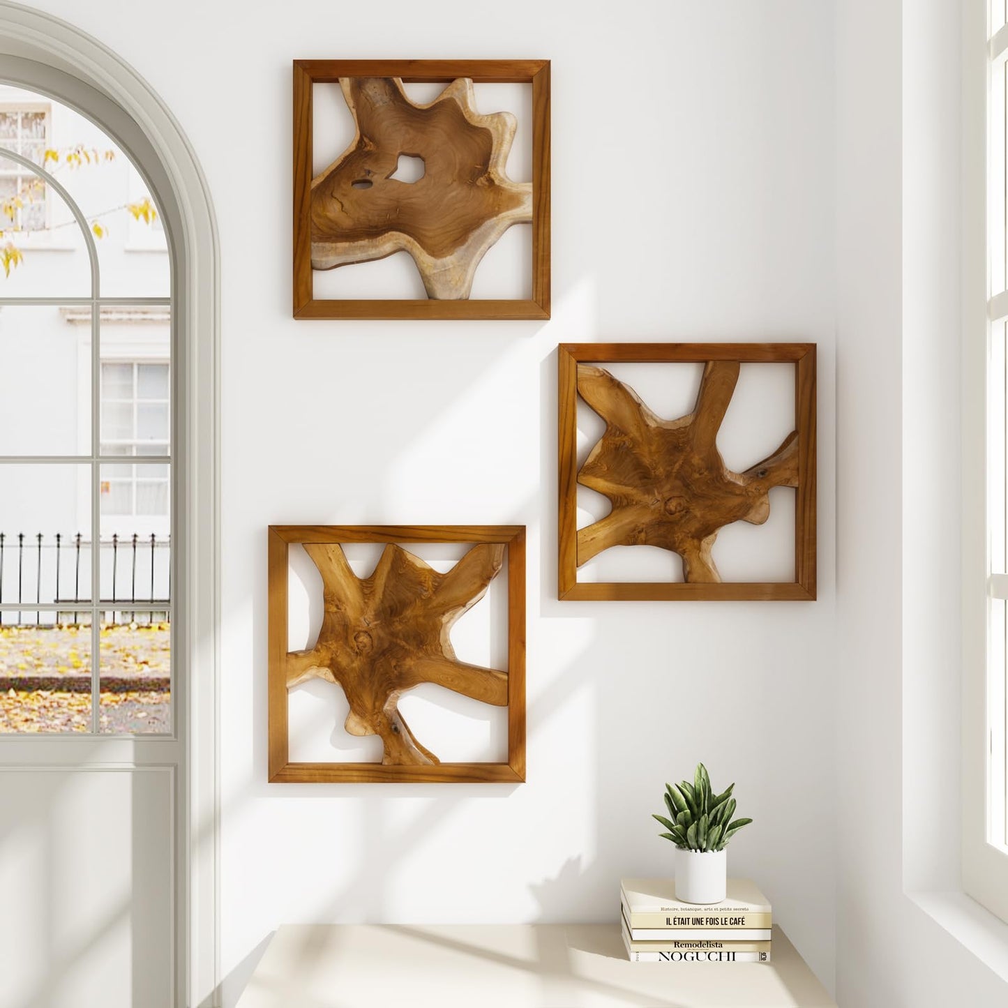 JOLLYMER 2 Pack Live Edge Teak Wood Wall Decor, Rustic Wooden Wall Art, Handcrafted Home Decoration for Living Room Bedroom Office, 17"x17"" Natural Frame"