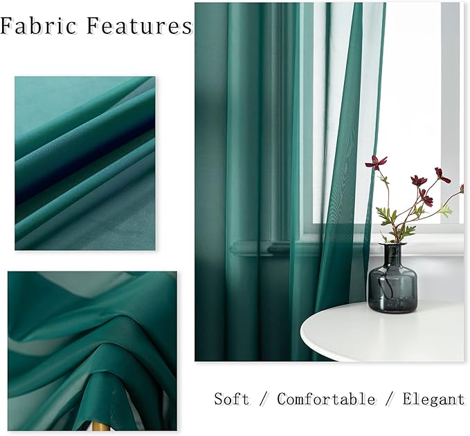 DUALIFE Hunter Green Sheer Curtains 45 Inch Length,Look Semi Sheer Curtain Drapes for Living Room Bedroom Loft Kitchen Bathroom Privacy Voile Window Treatment Panels,52 x 45 Inches,Set of 2