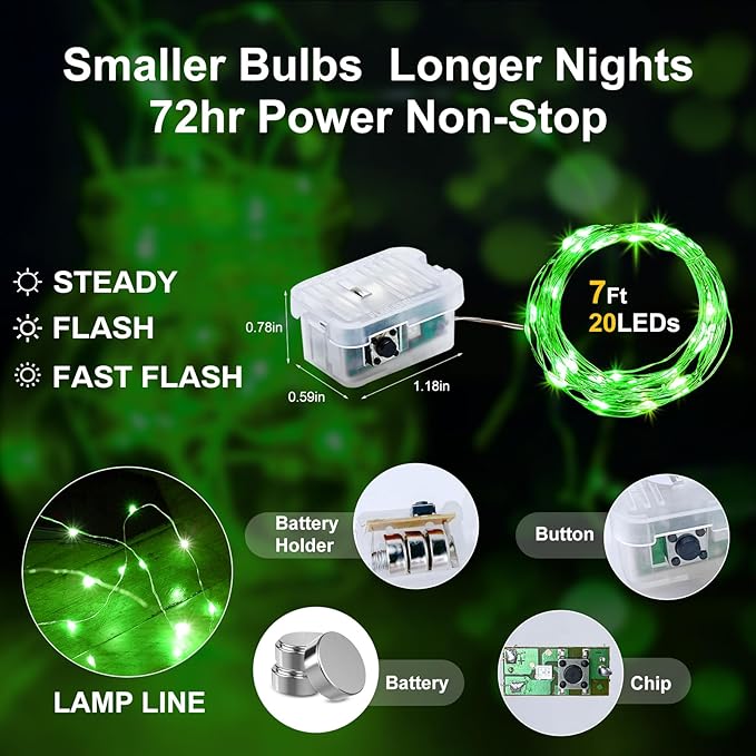 Aogist Led Fairy Lights 3 Modes Battery Operated String Lights Waterproof Silver Wire 7 Feet Firefly Starry Moon Mason Jar Lights for DIY Wedding Party Christmas (Green, 12 Pack)
