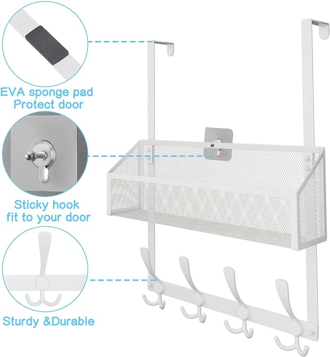 Over The Door Hooks Organizer, Coat Rack Over The Door Storage Hanger Towel Rack, Back of Door Storage Organizer for Bathroom,Bedroom,Kitchen,Office (White, 2-Tier)