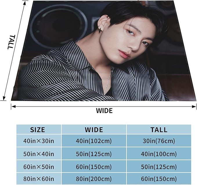 Jung Kook Blanket 60"X80" Soft and Comfortable Warm Fleece Throw Full Picture of Idol Group Blankets Yoga Blankets Beach Blanket Picnic Blankets Gift for Dorm Room Decor Sofa Bed Camping Travel