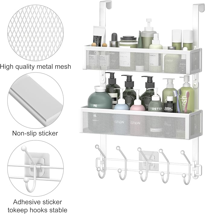 Adjustable Over The Door Hooks Organizer, Door Hanger Coat Rack with 2 Mesh Baskets and 10 Hooks, Back of Door Storage Organizer for Bedroom,Bathroom,Kitchen (White)