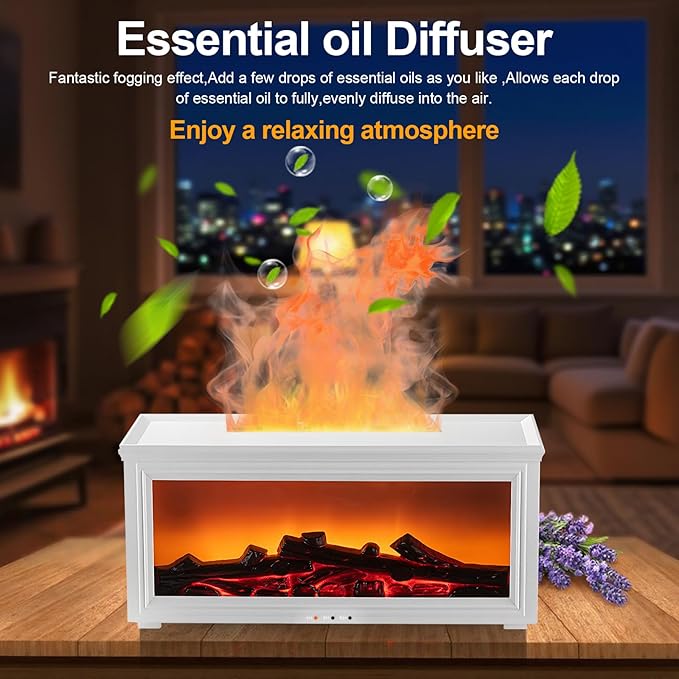 Fireplace Essential Oil Diffuser Humidifier - Ultrasonic Aroma Diffuser with 7-Color Flame Effect, Remote Control & Auto-Off Timer for Bedroom, Home Office,Yoga(White)