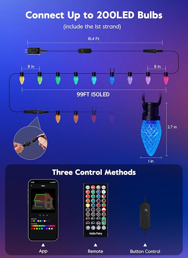 Brightown Smart C9 LED Christmas Lights, 150 LED RGB C9 String Light with Remote, App Control, Music Sync, Connectable Waterproof Outdoor Christmas Lights for House Tree Patio Holiday Xmas Decor