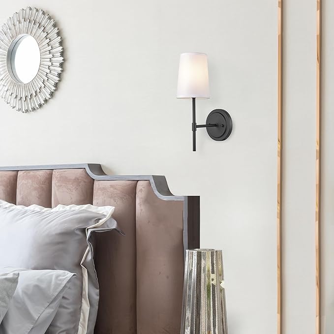 Globe Electric 51859 1-Light Wall Sconce, Matte Black, White Fabric Shade, Wall Lighting, Wall Lamp Dimmable, Wall Lights for Bedroom, Kitchen Sconces Wall Lighting, Home Décor, Bulb Not Included