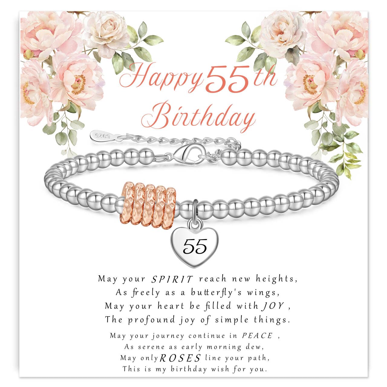 FENNELISA 55th Birthday Gift for Women,Adjustable Silver Bracelet for Women Sterling Silver Bracelet 55th Birthday Presents Gifts Ideas with Cards for Mum Sister Grandma