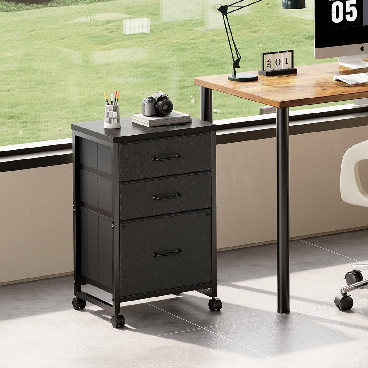 3 Drawer Mobile File Cabinet with Wheels Fabric Vertical Filing Cabinet fits A4 or Letter Size for Home Office,Black