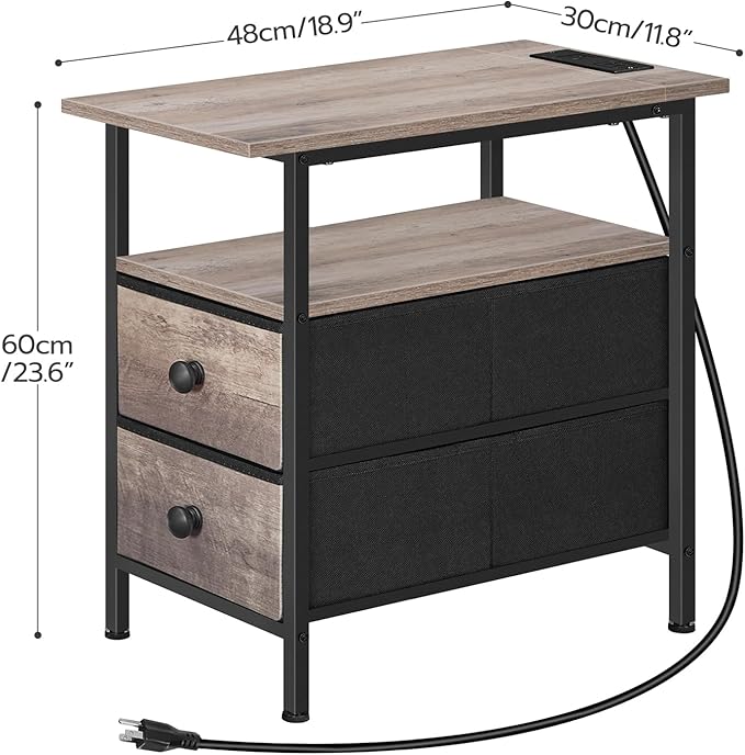 HOOBRO End Table with Charging Station, Narrow Side Table, Nightstand with 2 Non-Woven Drawers, Slim Sofa Side Table, for Small Spaces, Living Room, Bedroom, Greige and Black BG486UBZ01