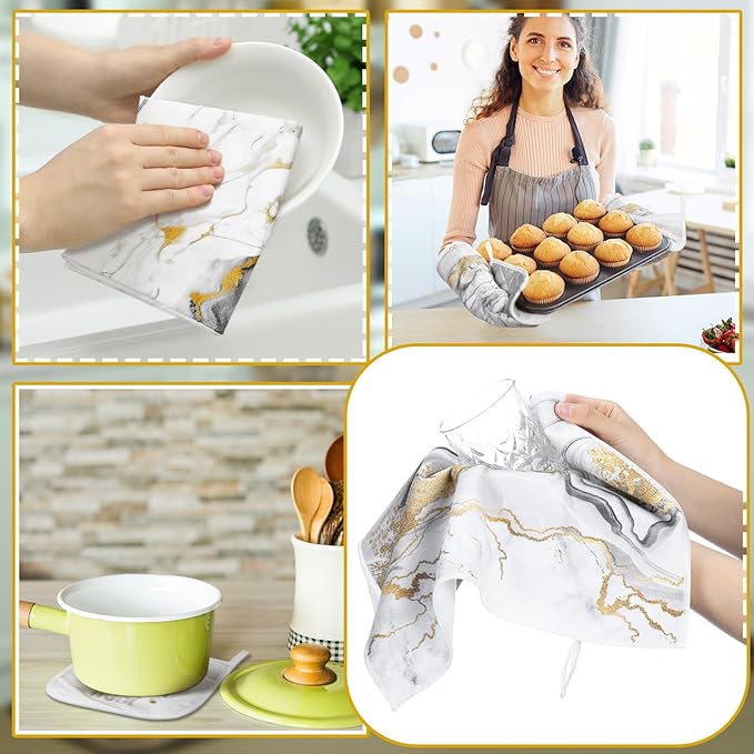 Fourluoo 10 Pcs Kitchen Dish Towels Rugs Oven Mitts and Pot Holders Kit Farmhouse Kitchen Decor Set Gloves Vintage Potholders for Baking Cooking Chef(White,Modern)