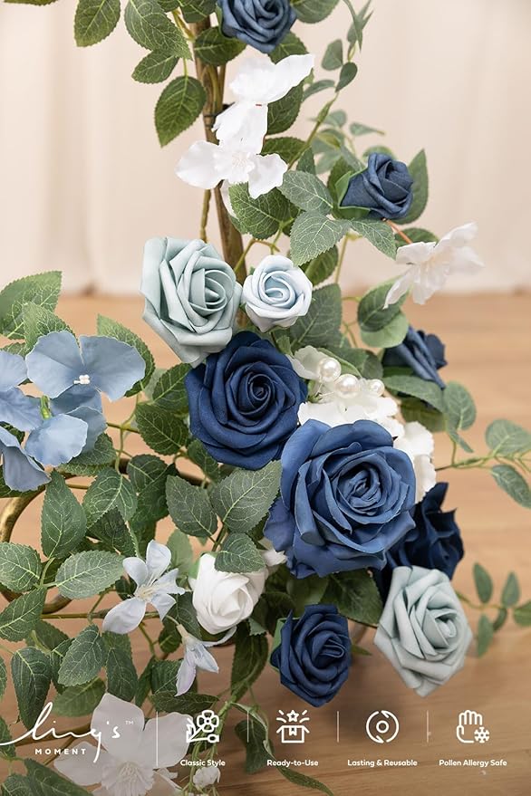 Ling's moment 2pcs Wedding Flowers Garland Artificial Floral Swag Arch Decorations Rose Greenery Arrangements Dusty Blue & Navy Ceremony Reception Garden Easel Wall Entryway Outdoor (NOT Include Sign
