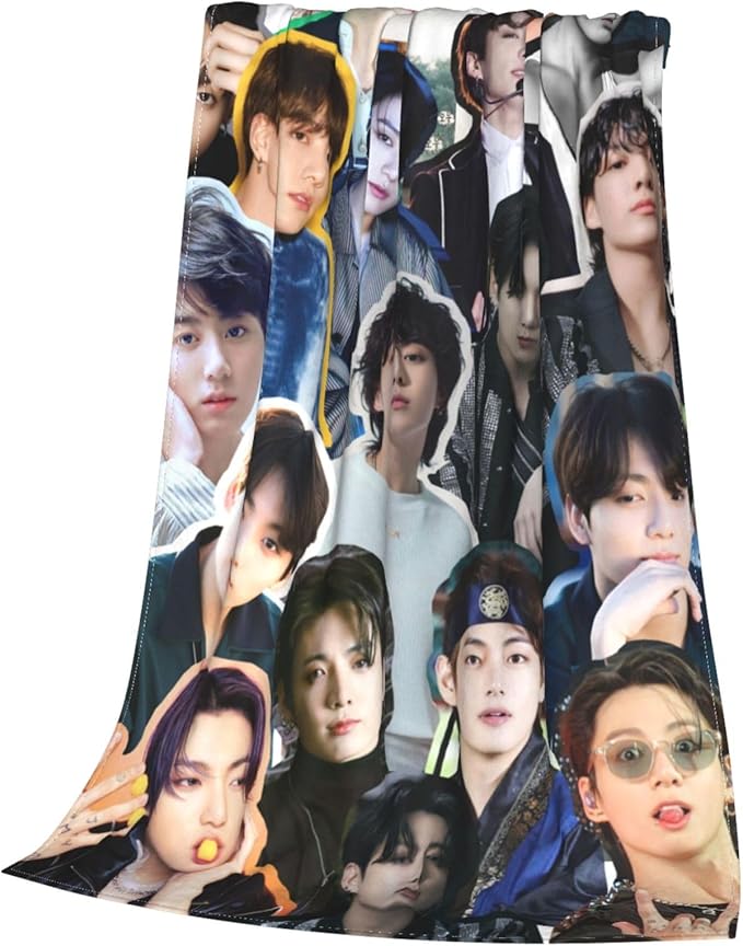 Jungkook Blanket Jeon Jung Kook Soft and Comfortable Warm Fleece Throw Full Picture of Idol Group Blankets 50"X60" Beach Blankets Gift for Dorm Room Decor Sofa Bed Camping Travel