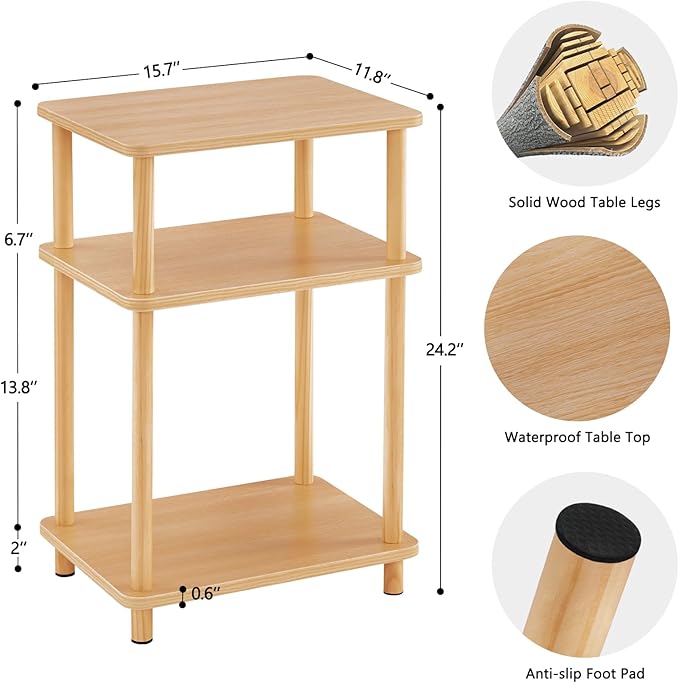 Apicizon 3 Tier End Table, Record Player Stand with Storage Shelf, Wooden Vinyl Record, Nightstand Bedside Table for Small Spaces, Bedroom, Living Room, Easy Assembly, Natural