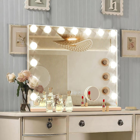 Hollywood Vanity Mirror with Lights, 15 Dimmable Bulbs, 3 Color Lights,Make Up Lighted Mirror, Aluminum Metal Frame, USB Charging Portï¼23" x 18"ï¼
