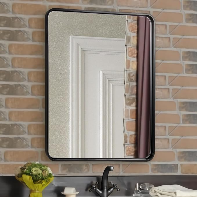 ANDY STAR Mirror for Bathroom 24X36 Inch, Matte Black Mirror Rounded Rectangle Mirror Metal Tube Framed Wall-Mounted Vertically/Horizontally