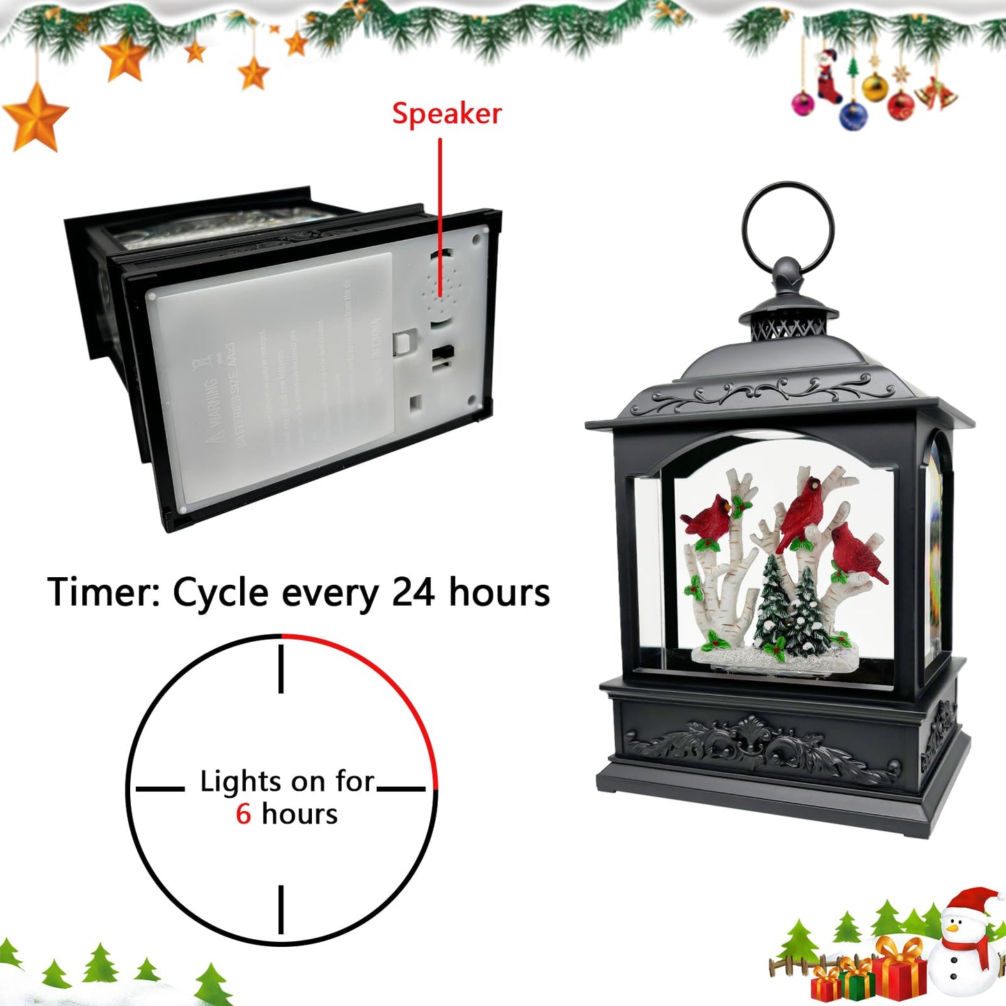 AOMIL Christmas Snow Globes Lantern with Music & Timer - USB/Battery Operated LED Glittering Globe Lantern, Snow Globe Decoration for Home Holiday Decor (Red Robin)