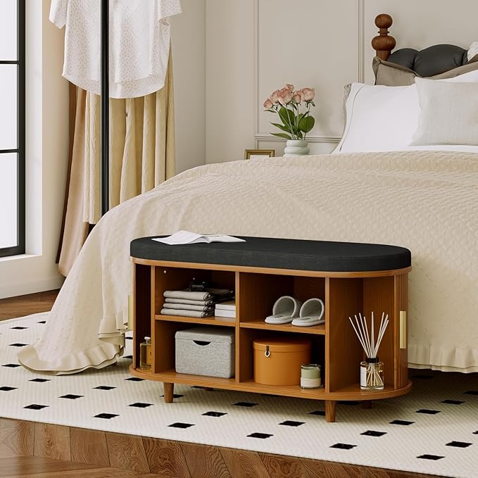 Entryway Bench with Storage: 35.4" Wooden Bedroom Shoe Bench with Thickened Padded Seat Cushion, Mid Century Modern Fluted Sliding Door and Adjustable Shelf, for Entryway, Living Room