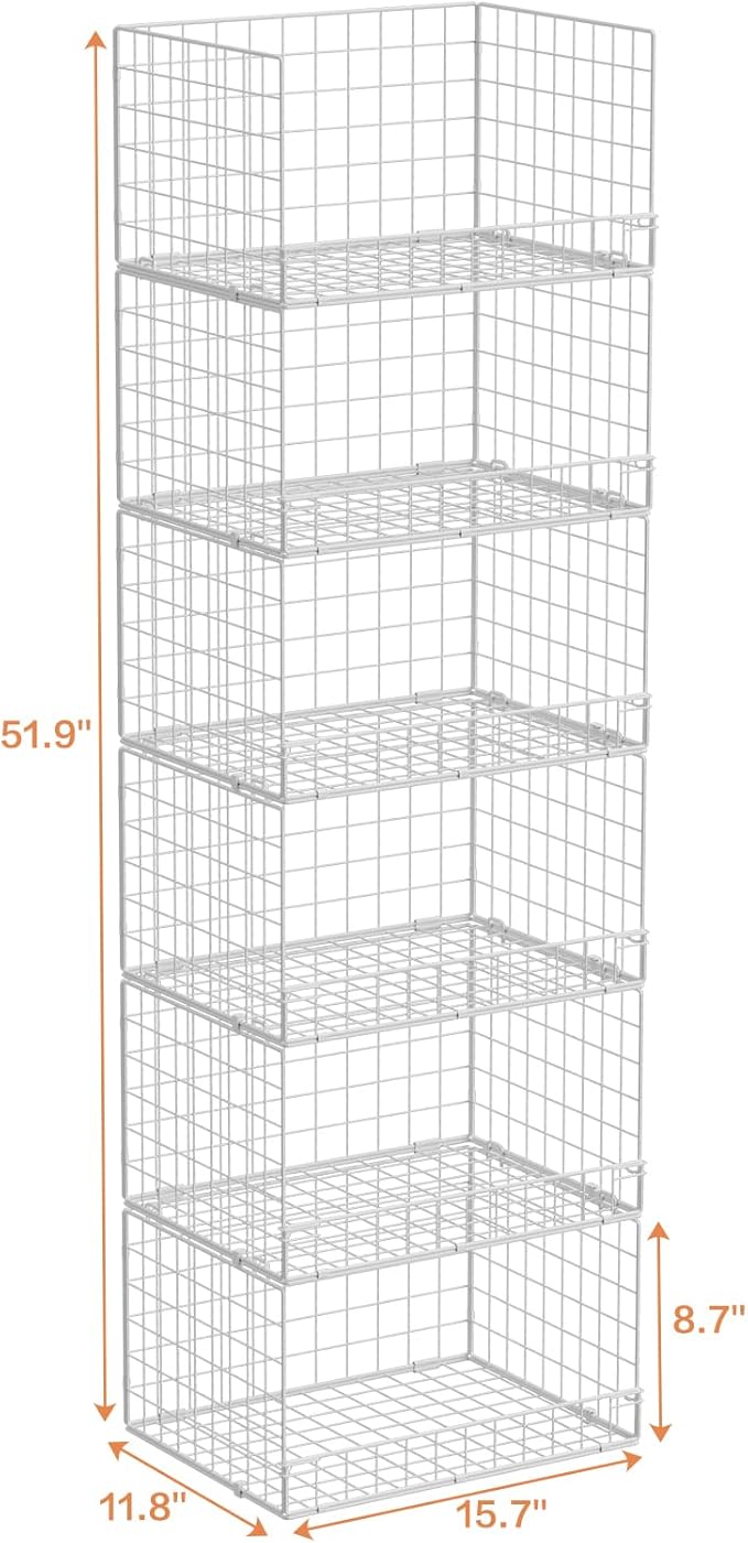 Yociyoga 6-Tier Stackable Closet Organizers and Storage Shelves, Closet Shelf Organizer Basket Bins, Foldable Sweater Storage for Clothes Organizer System, White（Patent Pending）